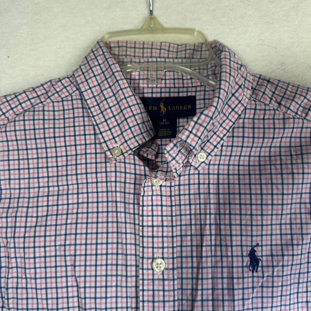 Ralph Lauren Boys Pink Navy Blue Check Button Down Shirt Size M 10-12